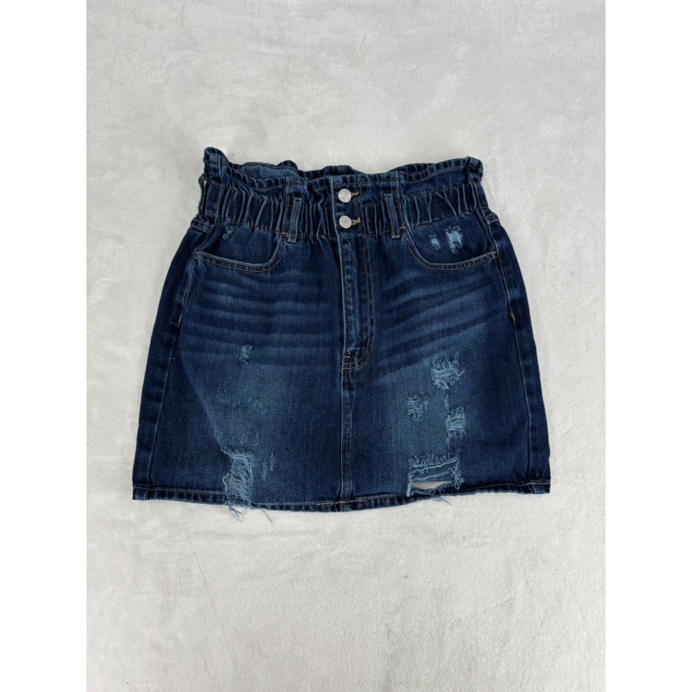 Vervet Denim Mini Skirt Womens Size M Dark Wash Distressed Paperbag Waist VT588‎